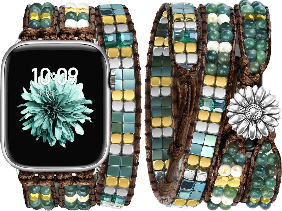 JR.DM Boho Beaded Bands for Women Compatible with Apple Watch 38mm 40mm 41mm 42mm (S10/11) Green Agate Stone Bracelet Adjustable Handmade Braided Strap for iWatch Series 11/10/9/8/7/6/5/4/SE 3/2/1