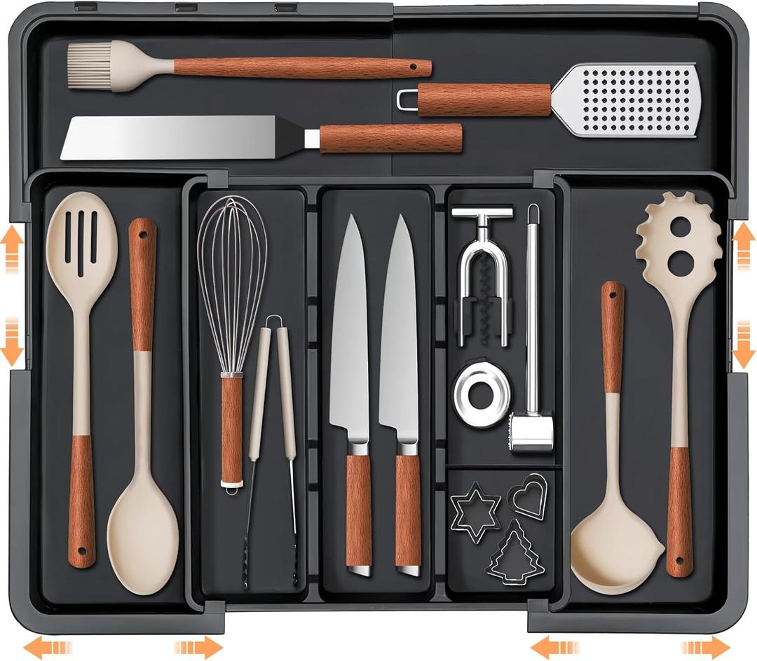 Spaclear Large Utensil Drawer Organizer Expandable Silverware Organizer for Kitchen Drawer Adjustable Cooking Utensil Holder Cutlery Flatware Tray Spatula Tools Gadgets Storage Dividers Plastic Black