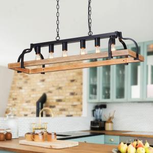 WUZUPS 6-Light Metal Pot Hanging Rack Chandelier Imitation Light Wood Grain Linear Pendant Ceiling Lighting Rustic Farmhouse Fixture Kitchen Island Dining Room, H 9.8" L 40.6" W11.8, E26 Base, Nickel