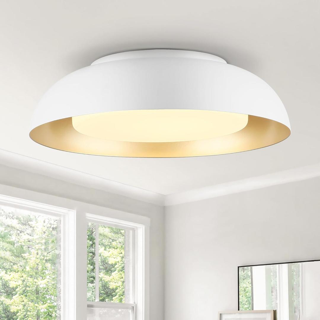 15in LED Flush Mount Ceiling Light, 28W Dimmable Ceiling Light Fixtures with Frosted Glass, White and Gold Finish Modern Ceiling Light for Bedroom Kitchen Living Room, 3CCT, OS-DY2001-WH
