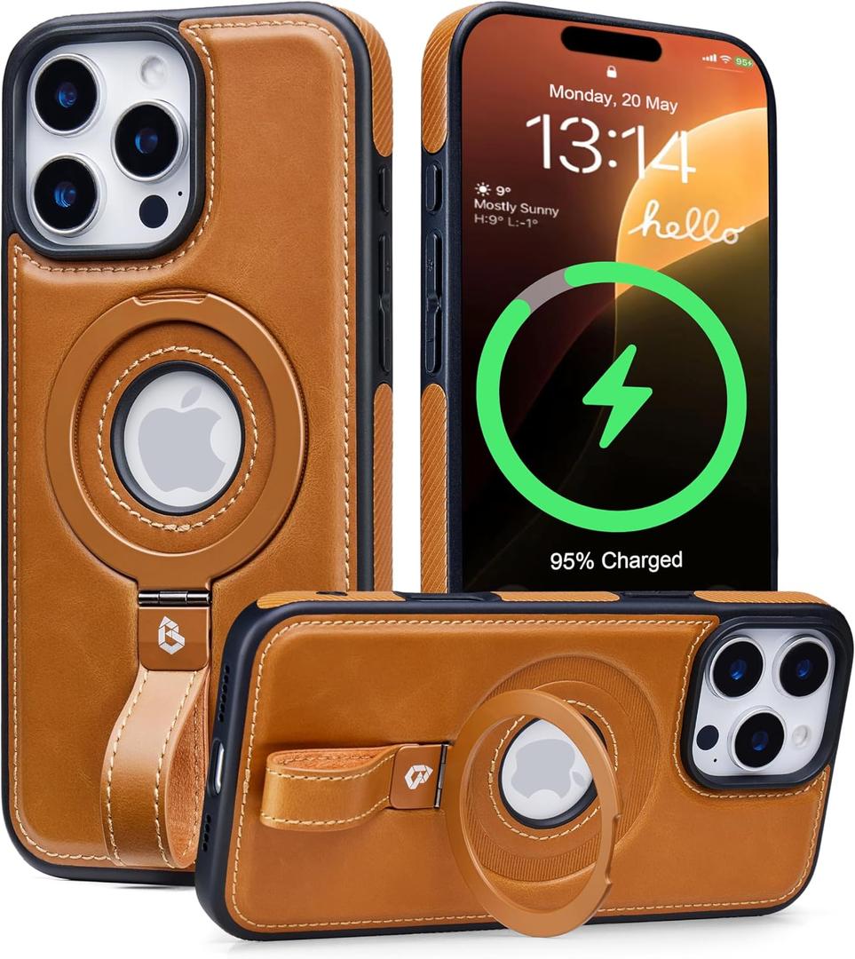 Butaiga for iPhone 16 Pro Max Leather Case with Stand, Anti-Slip Grip Ring, Fits for MagSafe (Brown, iPhone 16 Pro Max)
