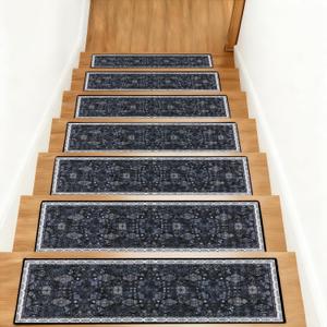 Vintage Boho Stair Treads Non Slip Carpet Stair Treads for Wooden Steps Indoor 15PCS 30"x8" Stair Runner TPR Backing Mats Safety Staircase Step Treads for Elders Kids Dogs Black