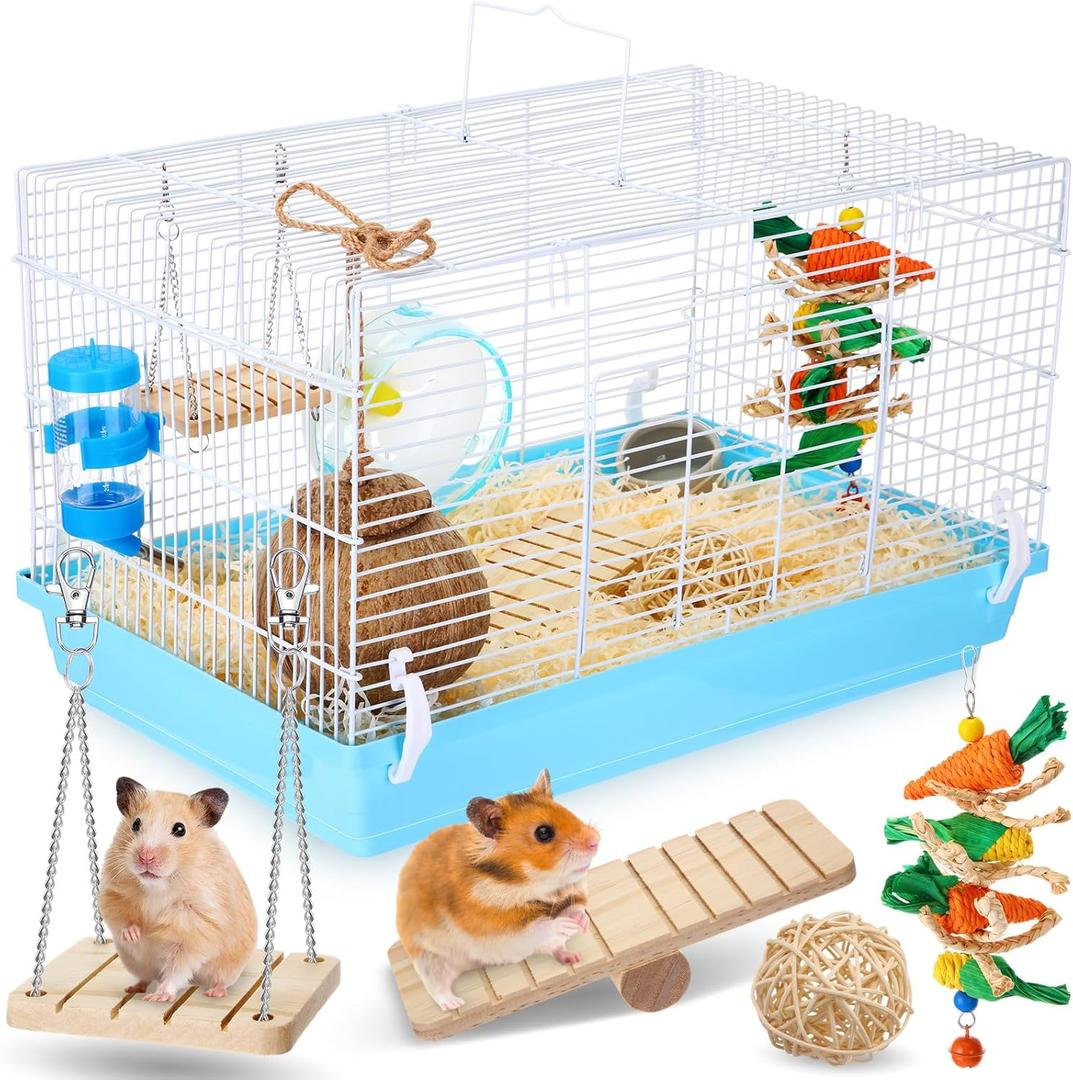 Zhengmy 9 Pcs Hamster Starter Kit, Hamster Cage with Complete Set of Accessories Including Exercise Wheel Chew Toys Food Dish Water Bottle Coconut Hut House Bed, 18.5 x 11.81 x 11.81