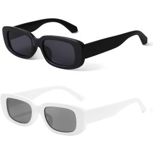 BUTABY Rectangle Sunglasses for Women Retro Driving Glasses 90s Vintage Fashion Narrow Square Frame UV400 Protection (Black Frame Grey Lens+white Frame Grey Lens)