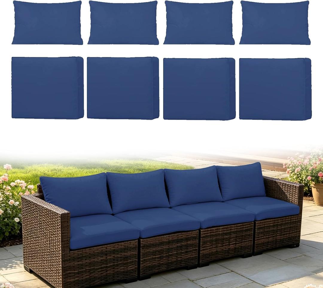 8Pc Outdoor Patio Cushion Cover Replacement, Patio Cushion Cover,Navy Blue | Washable Outdoor Couch Cushion Covers with Zippers, Waterproof Slipcovers Sofa Chair for Patio Furniture(Cover Only)