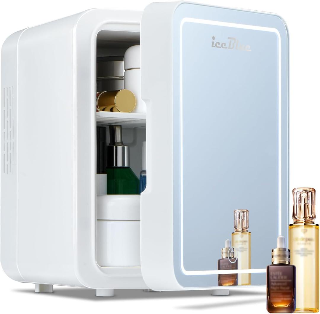 Iceblue Skincare Fridge with Dimmable LED Light Mirror, 4L Compact Small Fridge for Bedroom, Car, Office & Dorm, Mini skincare fridge for Beauty Essentials & Beverages(White)