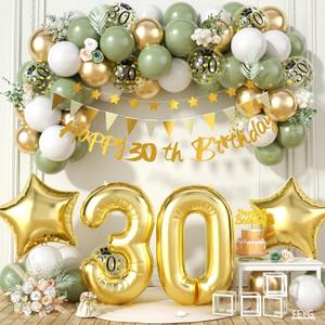 30th Birthday Decoration for Men Women, Sage Green White Gold 30th Birthday Balloons with Happy 30th Birthday Banner Cake Toppers Triangle Flag Number 30 Balloons for 30 Year Old Birthday Decorations