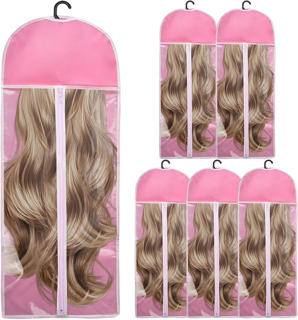 5Pcs Extra Long Hair Extension Holder Wig Storage Bag with Hanger Wig Storage for Multiple Wigs Holder Dust-Proof Portable Suit, Home Salon Travel Accessories, Pink