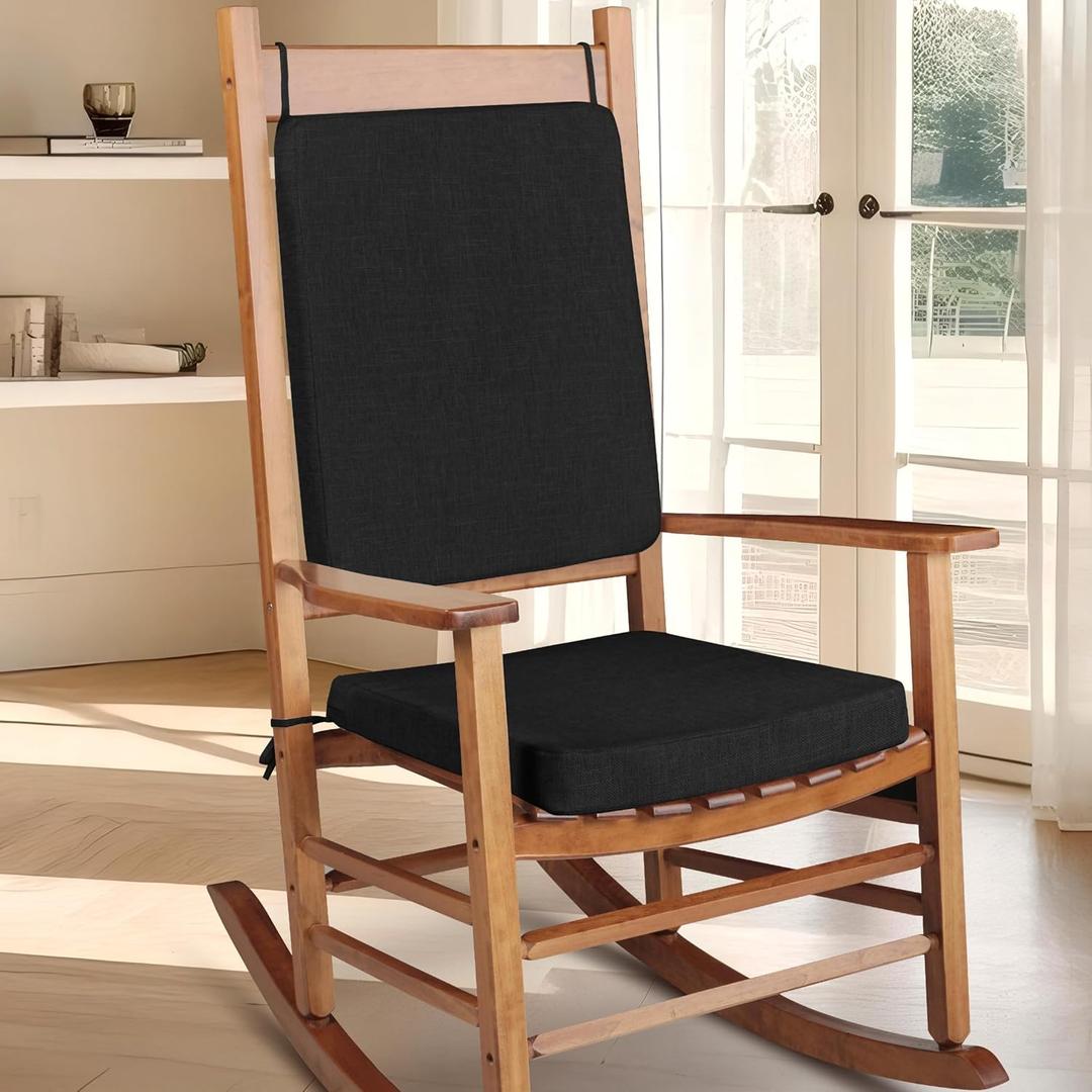 Rocking Chair Cushion Set with Machine Washable Cover Non-Slip Rocking Chair Cushions Indoor Seat and Back Pads with Ties 1 Pack, 2 Piece Set, 20"x 17"x 2" (Black)