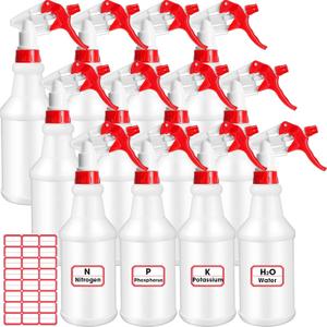 Gerrii 12 Pcs Plastic Spray Bottles with Adjustable Nozzle and Label for Cleaning 24 oz Anti Leak HDPE Spraying Bottles Empty Water Squirt Bottle (Red)