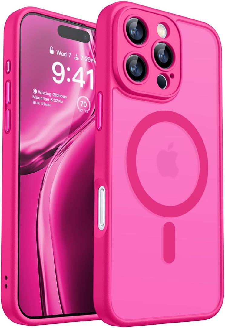 CANSHN Magnetic Compatible with iPhone 16 Pro Case, Upgraded [Full Camera Protection] [Compatible with Magsafe] [Translucent Matte] Shockproof Protective Phone Case Cover 6.3 Inch - Hot Pink