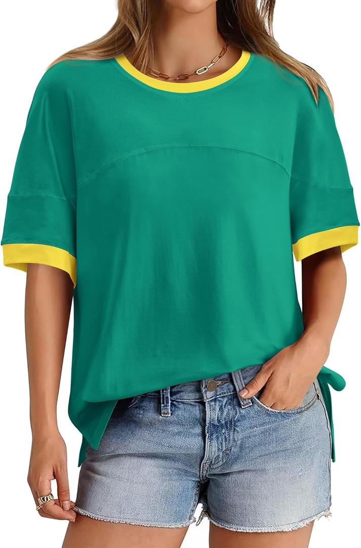 BTFBM Womens Oversized T Shirts Dressy Casual Short Sleeve Summer Tops Crew Neck Color Block Blouse Loose Fit Basic Tee (Green, L)