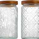 34 OZ/2 PCS Glass Storage Jar with Airtight Bamboo Wooden Lids, Vintage Food Containers Canisters Sets for Kitchen Counter Pantry, Sugar, Flour, Candy, Tea, Coffee Beans, Oats, Grain Bin, Pasta, ((34oz) Sunflower+Begonia)