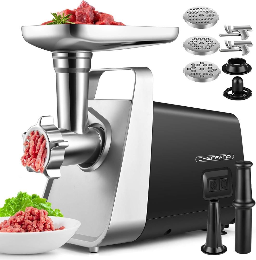 CHEFFANO Meat Grinder, 2600W Max Meat Grinder Electric, ETL Approved Heavy Duty Meat Mincer Machine with 2 Blades, 3 Plates, 1 Sausage Stuffer Tube & Kubbe Kit for Home Kitchen Use