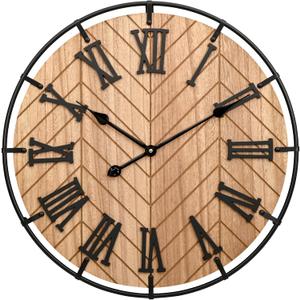 EMAX HOME 24 Inch Large Wooden Wall Clock – Extra Large FarmhouseWall Clock with 3D Roman Numerals & Herringbone Splicing, Brown Modern Wood Wall Clock for Living Room