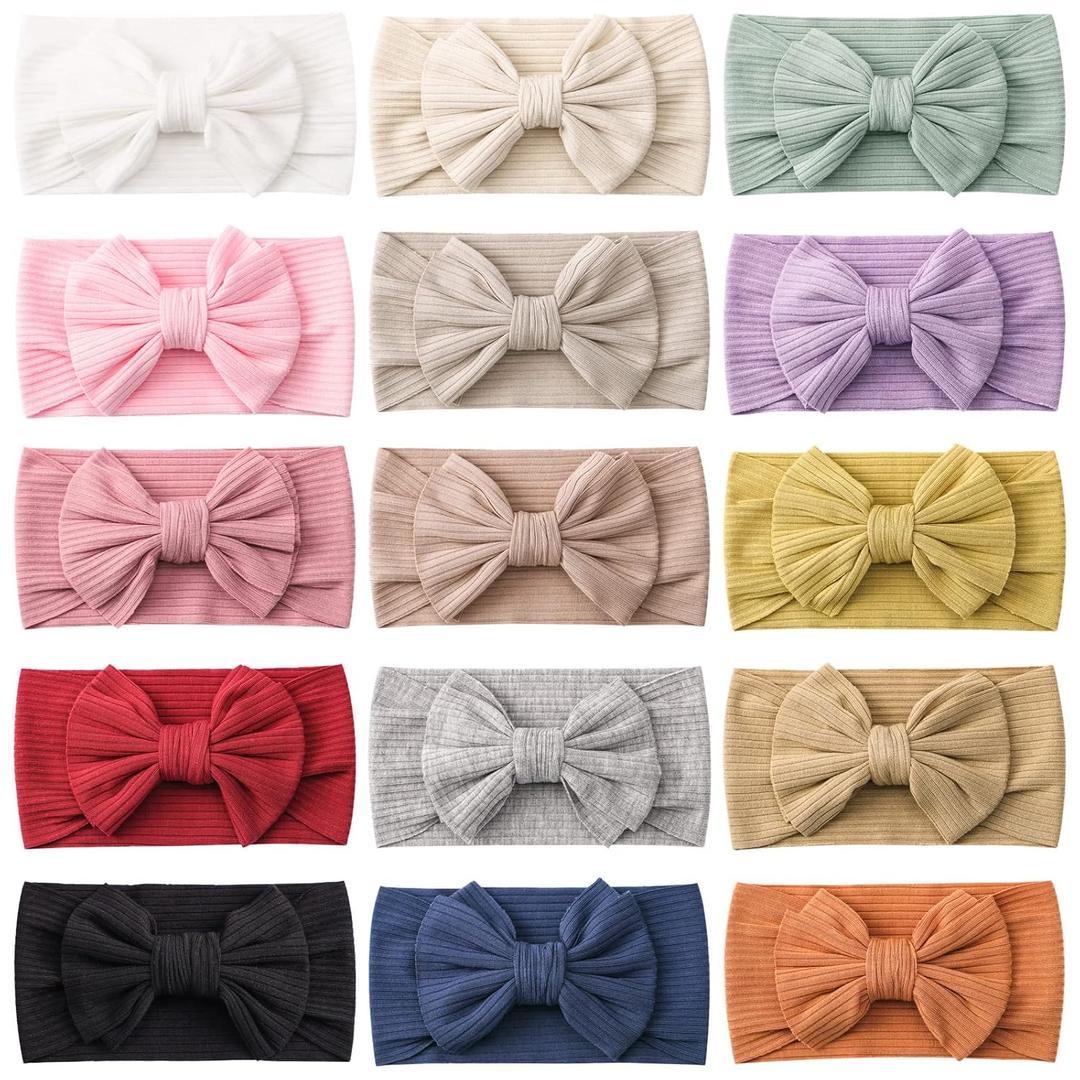 Jollybows 15 PCS Baby Girls Headbands with Bows Handmade Hair Accessories Stretchy Hairbands for Newborn Infant Toddler (1- Single layer 15 Muti-colors)