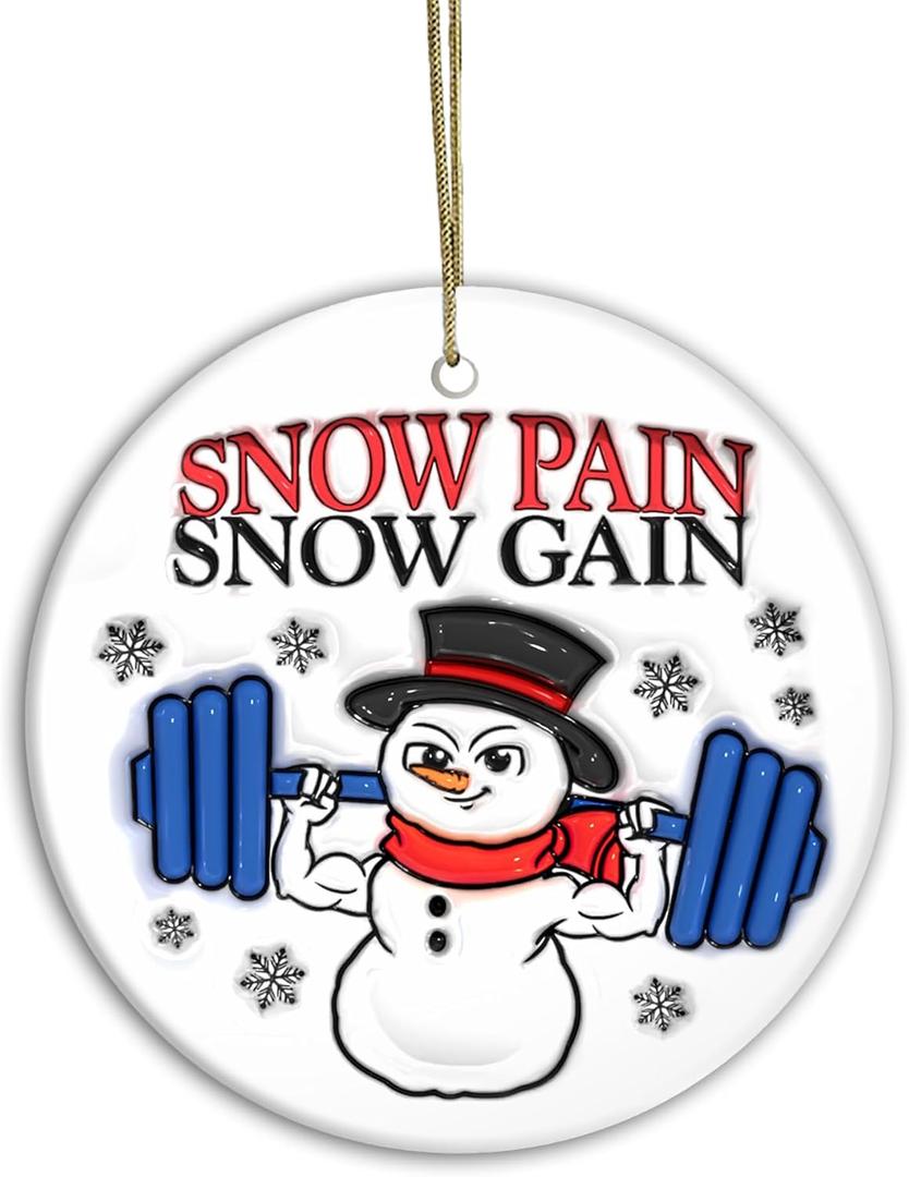 3 x Exercise & Fitness Ornaments 2024 | Snow Pain Snow Gain, Snowman 3D Weight Lifting Christmas Ornament, Gym Weights Exercise Sport, Gym Ornament (Snowman)