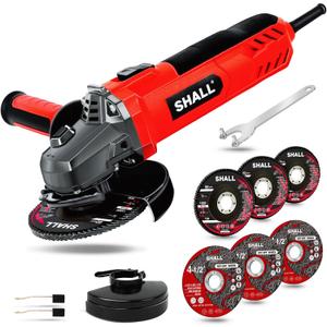 7.5Amp 4-1/2 Inch 12000 RPM Angle Grinder with 2 Guards, 3 Cutting Wheels, 3 Discs, Non-Slip Handle and Carbon Brush for Metal and Wood (Constant-Speed, Red)