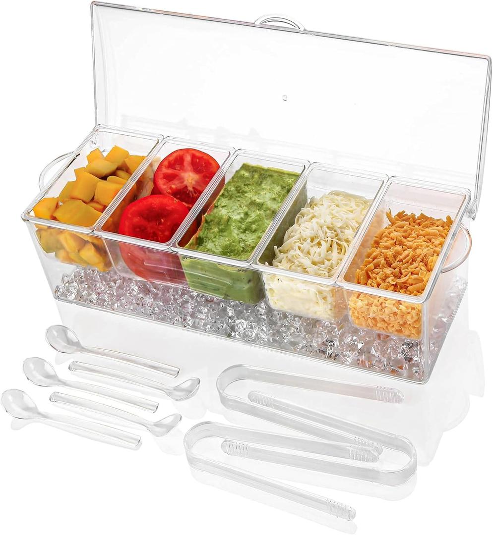 IVYHOME Ice Chilled 5 Compartment Condiment Server Caddy | Fruit Serving Tray | Condiment Pots with 5 Removable Dishes Over 2 Cup Capacity Each and Hinged Lid, Large