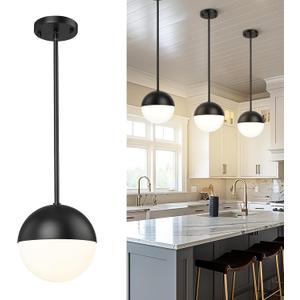 LMS 8-inch Modern Globe Pendant Light Frosted Glass with Black Finish Contemporary Mid Century Adjustable Hanging Light Fixture for Living Room Bedroom Kitchen LMS-186, Black 