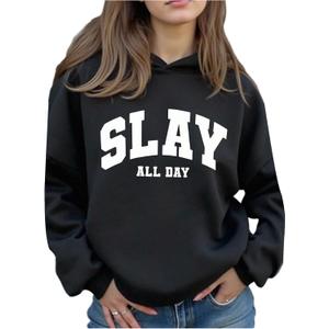 RoseSeek Girl's Letter Graphic Hoodies Long Sleeve Pullover Sweatshirts Streetwear, 15 Years, Black