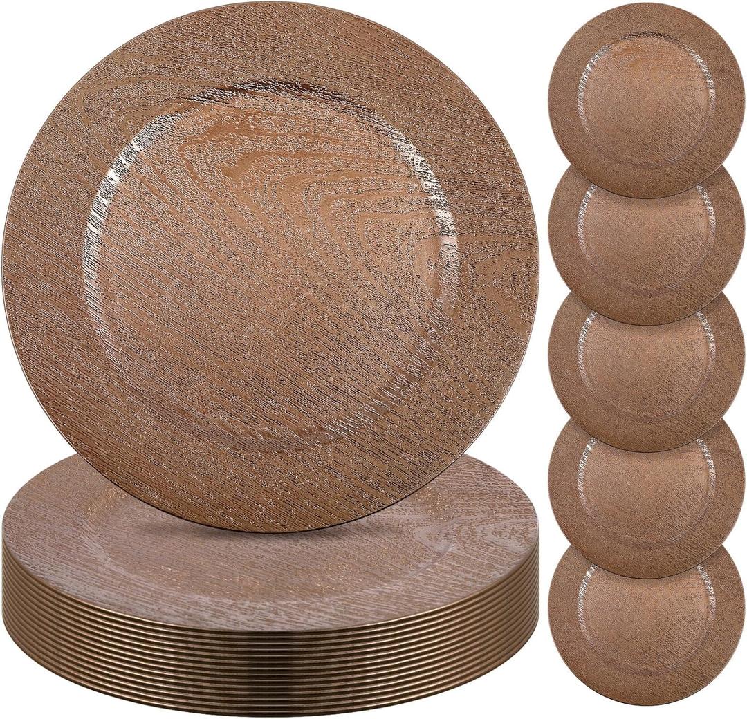 Mifoci 12 Pcs Faux Wooden Charger Plates 13 Inch Round Rustic Plastic Plates Antique Design Bulk Decorative Chargers for Dinner Tray for Wedding Dinner Table Farmhouse Party Event (Brown)