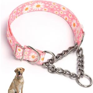 Stainless Steel Chain Martingale Collar for Dogs, No Pull Slip Cinch Choker Choke Collar Training Escape Proof Heavy Duty Dog Collar for Small Medium Large Pet Girl Female Dogs, Pink Daisy M (M(Neck15-20"))