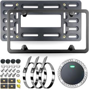 Front License Plate Bracket Holder Mounting Kit- Black Aluminum Frame & Plastic Bumper Car Tag Adapter with Copper Thread, with Screws Caps and Stainless Steel Zip Ties