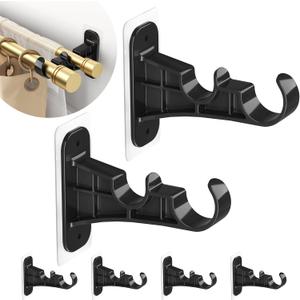 No Drill Double Curtain Rod Brackets, 6-Pack Black Self Adhesive Curtain Rod Holders Nail-Free, Double Rods Hooks Hanger Supports 1 to 1.2'' Drapery Rods for Living Room Bedroom