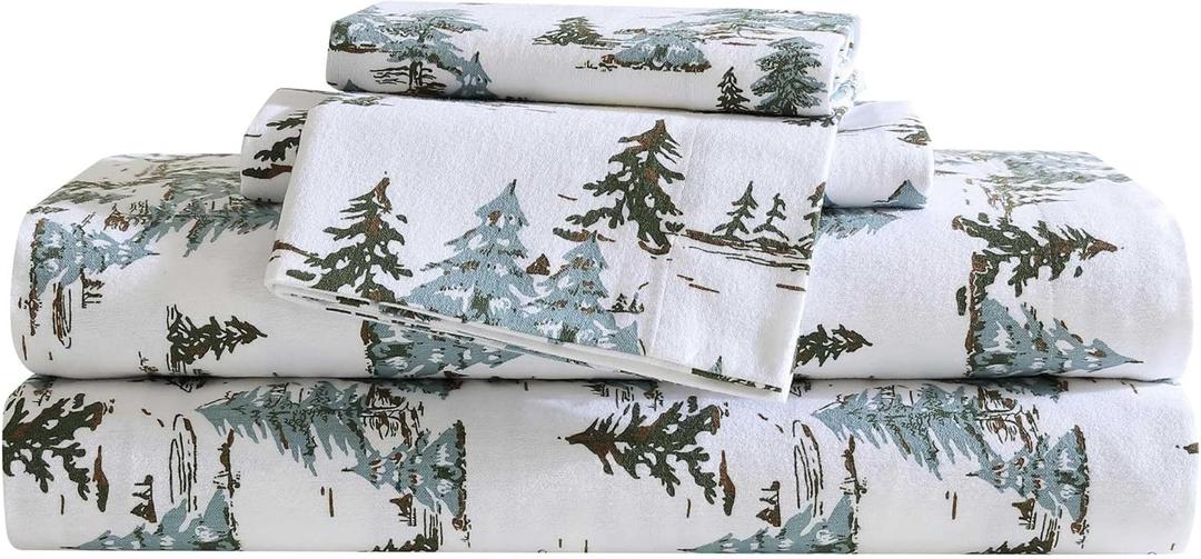 Eddie Bauer - Flannel Sheets Full Size, Anti-Pilling & Wrinkle Resistant Cotton, Touchably Soft for All-Season Comfort - Bed Sheets with Matching Pillowcases & Fitted Sheet (Snowy Pine Trees Green)