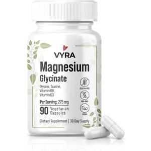 VYRA Magnesium Glycinate 275mg – High Absorption Magnesium Supplement with Glycine, Taurine, Vitamin B6 & D3 – Supports Sleep, Relaxation, Muscle Recovery & Calm – 90 Vegetarian Capsules. EXP: 04/2029