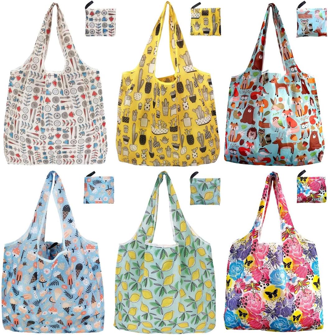 Reusable Grocery Bags, 6 Pack Foldable Shopping Tote Bags with Colorful Prints, Lightweight & Durable Washable Eco Friendly Totes for Groceries, Travel & Everyday Use