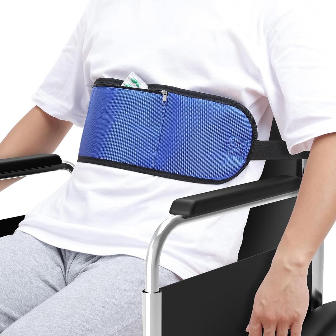 Wheelchair Seat Belt, Enlarge Medical Restraints Straps for Dementia Patients Anti-Fall Constrained Bands for Elderly, Adjustable Wheelchair Safety Harness with Zipper Pocket, Blue