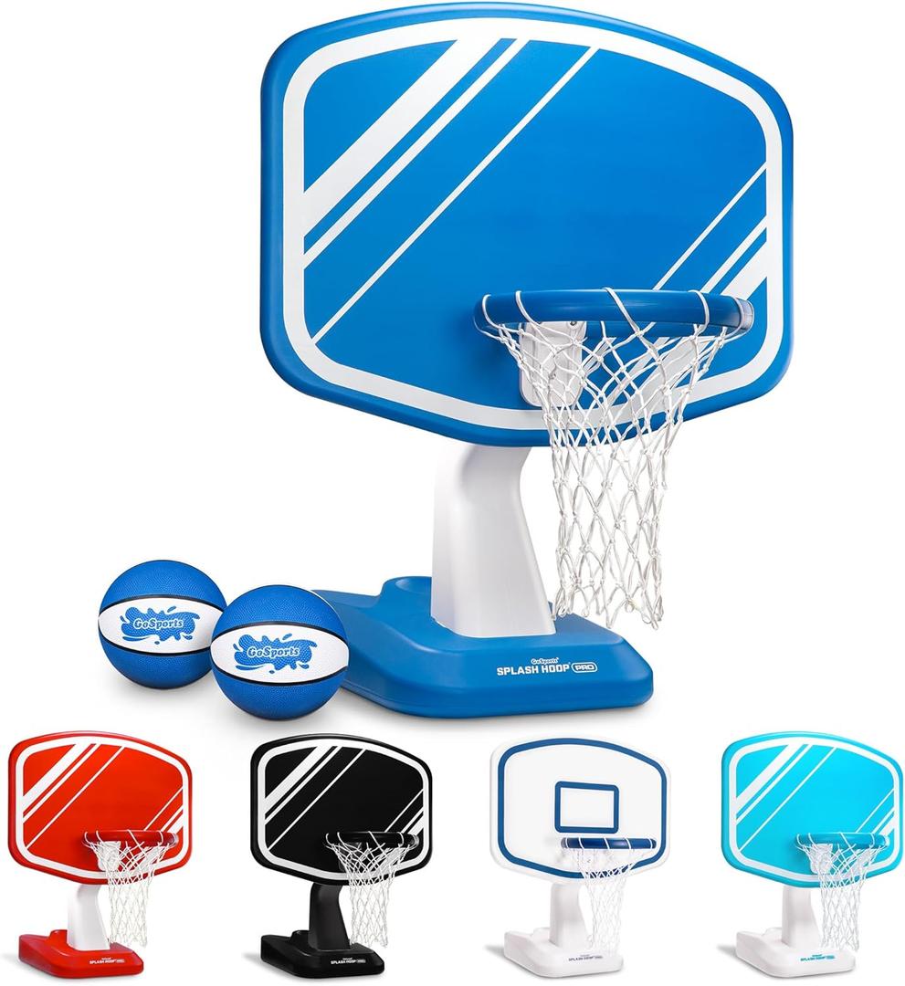 GoSports Splash Hoop PRO - Choose Your Color - Swimming Pool Basketball Game, Includes Poolside Water Basketball Hoop, 2 Balls and Pump (Blue)