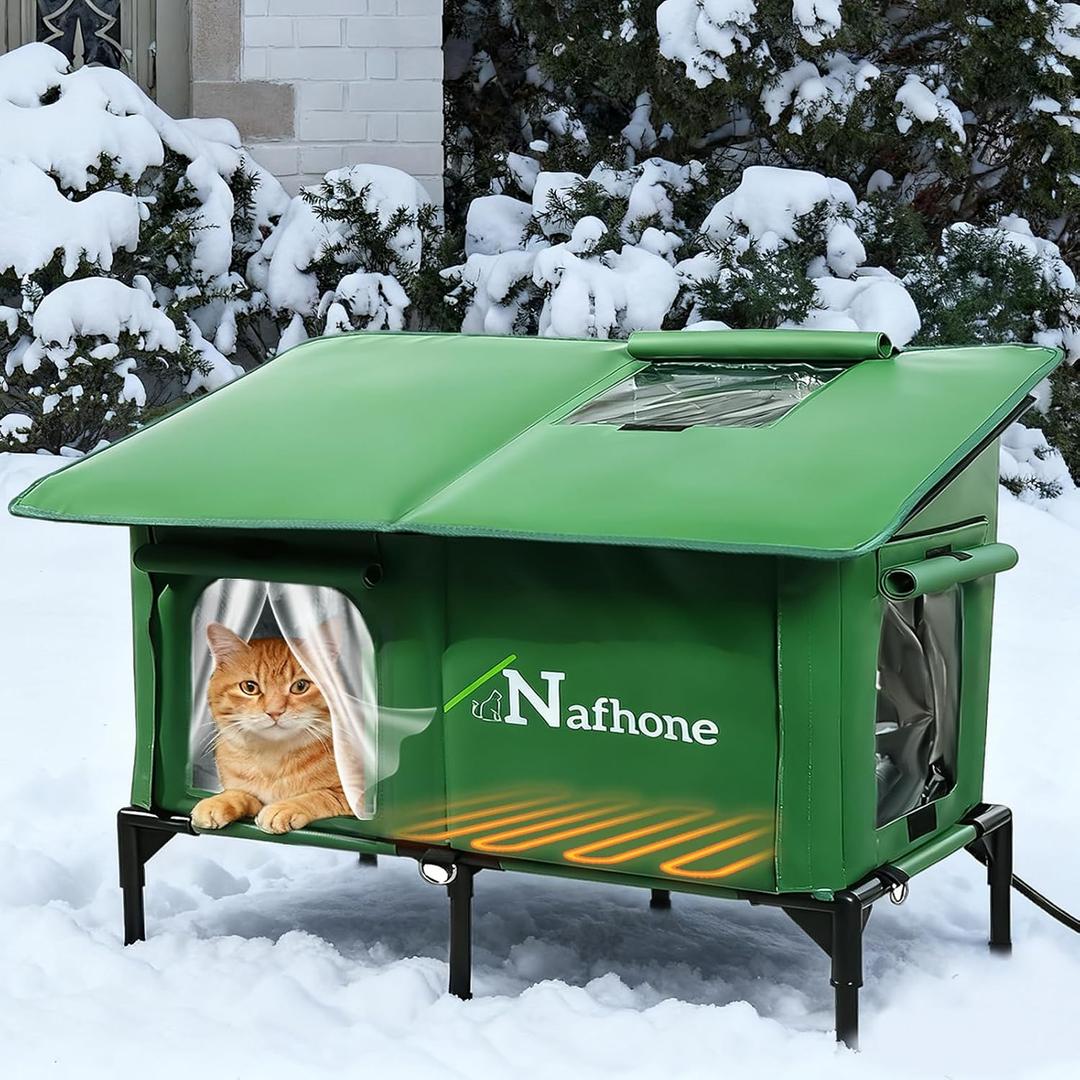 Heated Cat House for Outside Winter, Extra Large Size Insulated Weatherproof Outdoor Elevated Cat House, Cat Shelter with Heating Pad & Escape Door for Feral Stray Barn Cats Kitty (36.4"x17.3"x23.6")