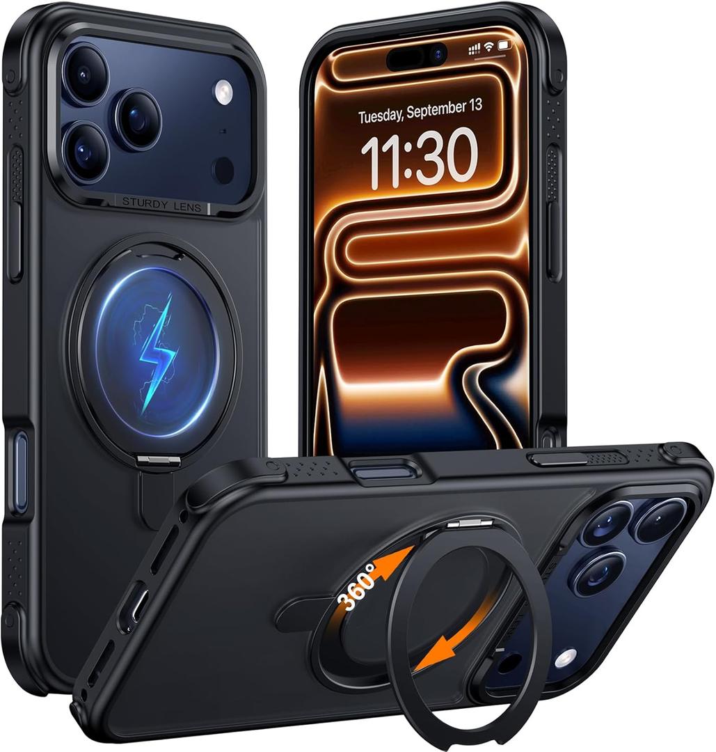 Temdan Designed for Phone 17 Pro Max Case,[with 360Rotatable Invisible Magnetic O-Ring Stand][Military Grade Shockproof][Compatible with MagSafe] Anti-Slip Translucent Matte Phone Case 6.9" 2025 (Black)