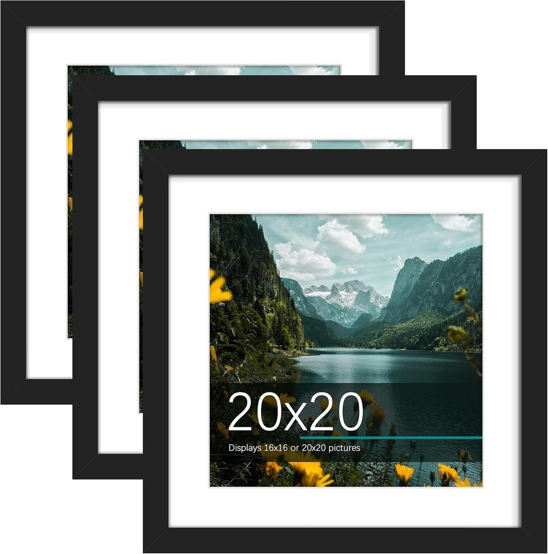 Picrit 20x20 Picture Frame 3 Pack, Display Poster 16 x 16 with Mat or 20 x 20 without Mat for Horizontal or Vertical Wall Mounting, Black