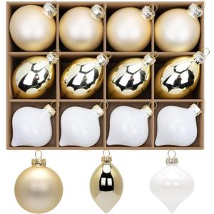 12 Pcs Gold Glass Christmas Ball Ornaments Set, Assorted Hanging Baubles for Christmas Tree, Vintage Blown Gold Decorations for Winter Holiday Xmas Tree Decor