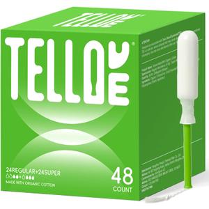 Tellove Tampons with 100% Organic Cotton Core, 48 Count (24 Regular, 24 Super), Featuring 360 Comfort-Expand Leakproof Technology with Comfort BPA-Free Long Applicator, Gentle on Sensitive Skin