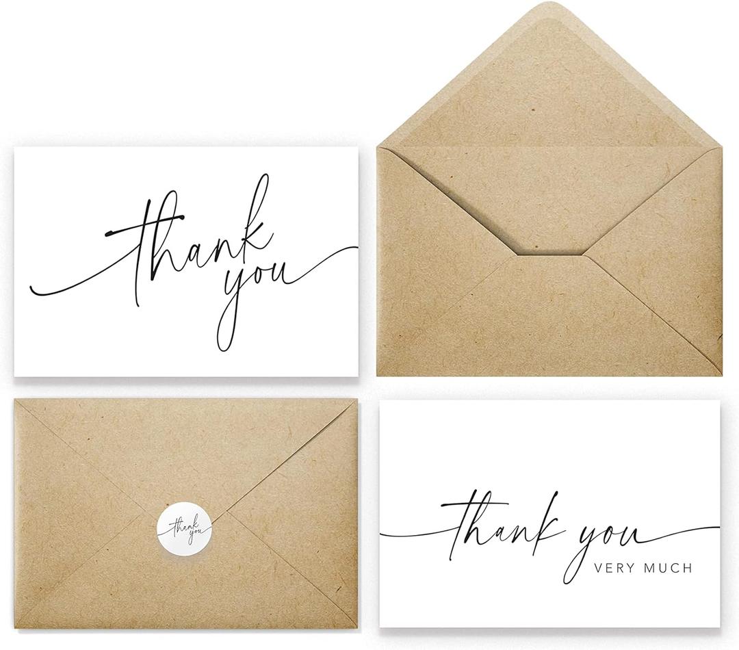 Thank You Cards with Envelopes & Matching Stickers, Bulk Pack of 100, 4x6 Inch Minimalistic Design - Suitable for Business, Baby Shower, Wedding, Small Business, Graduation, Bridal Shower, Funeral, White 