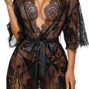 Sexy Lingerie for Women Lace Kimono Robe Mesh Chemise Nightgown Lace Robe XS-3XL (XX-Large, Black)