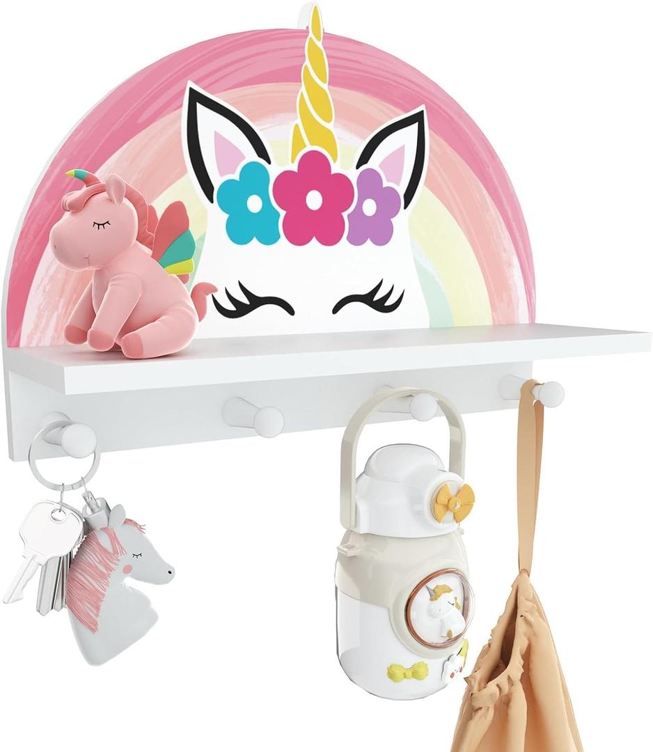 Garybank Unicorn Wall Shelf Decor for Girls Bedroom, Rainbow Decoration Kids Coat Rack with Hooks, Floating Stand Wall Mounted Kids Coat Rack Decor for Girls Bedroom, Wooden Peg Shelf for Clothes