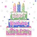 4 Pcs Birthday Wooden Tiered Tray Decor, Cake Shaped Table Sign with Candles Colorful Kids Birthday Party Decoration, Farmhouse Centerpiece for Home or Table Make a Wish Gift