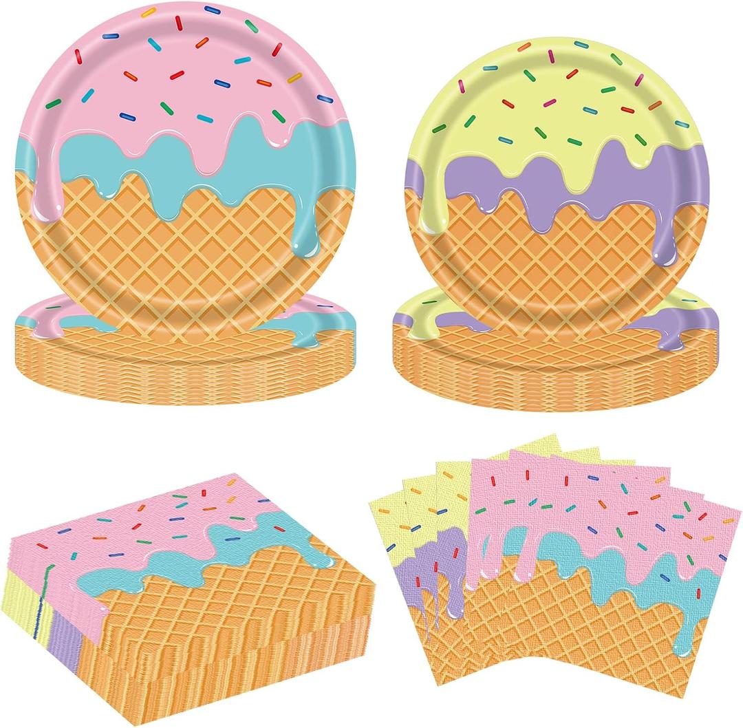 96PCS Ice Cream Plates and Napkins Party Supplies Ice Cream Disposable Paper Plates Napkins Tableware Set for Birthday Baby Shower Sweet Summer Ice Party, Serve 48 Guests