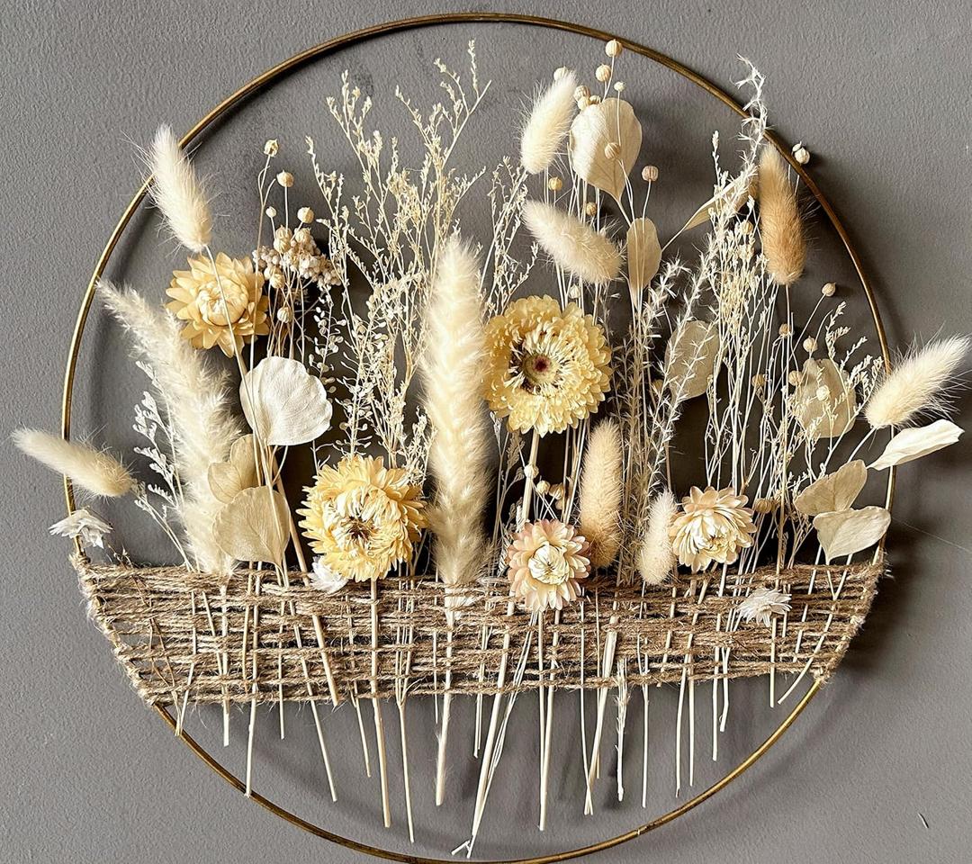Boho Hoop with Earthy Beige Flowers for naturalistic interiors. Metal Ring with Jute Cord and Blooms in Farmhouse Style