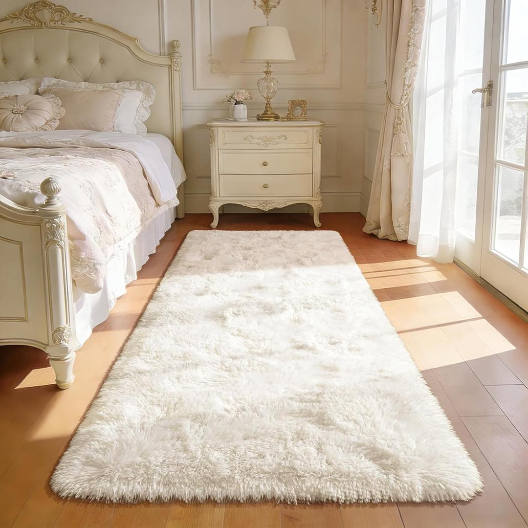Przemy Fluffy Runner Rug for Bedroom Living Room, 2x6 Feet Ivory Shag Area Rugs, Soft Fuzzy Carpet for Bedside Nursery Kids Room College Dorm, Plush Throw Rug for Home Decor