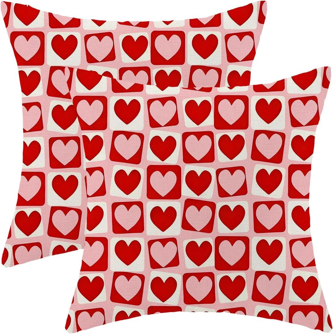 CXMEIFLY Valentines Pillow Covers 18 x 18 Inch Set of 2 for Red Pink Love Heart Checked Decor Throw Pillows Spring Holiday Outdoor Farmhouse Decorative Cushion Cases for Couch Decoration