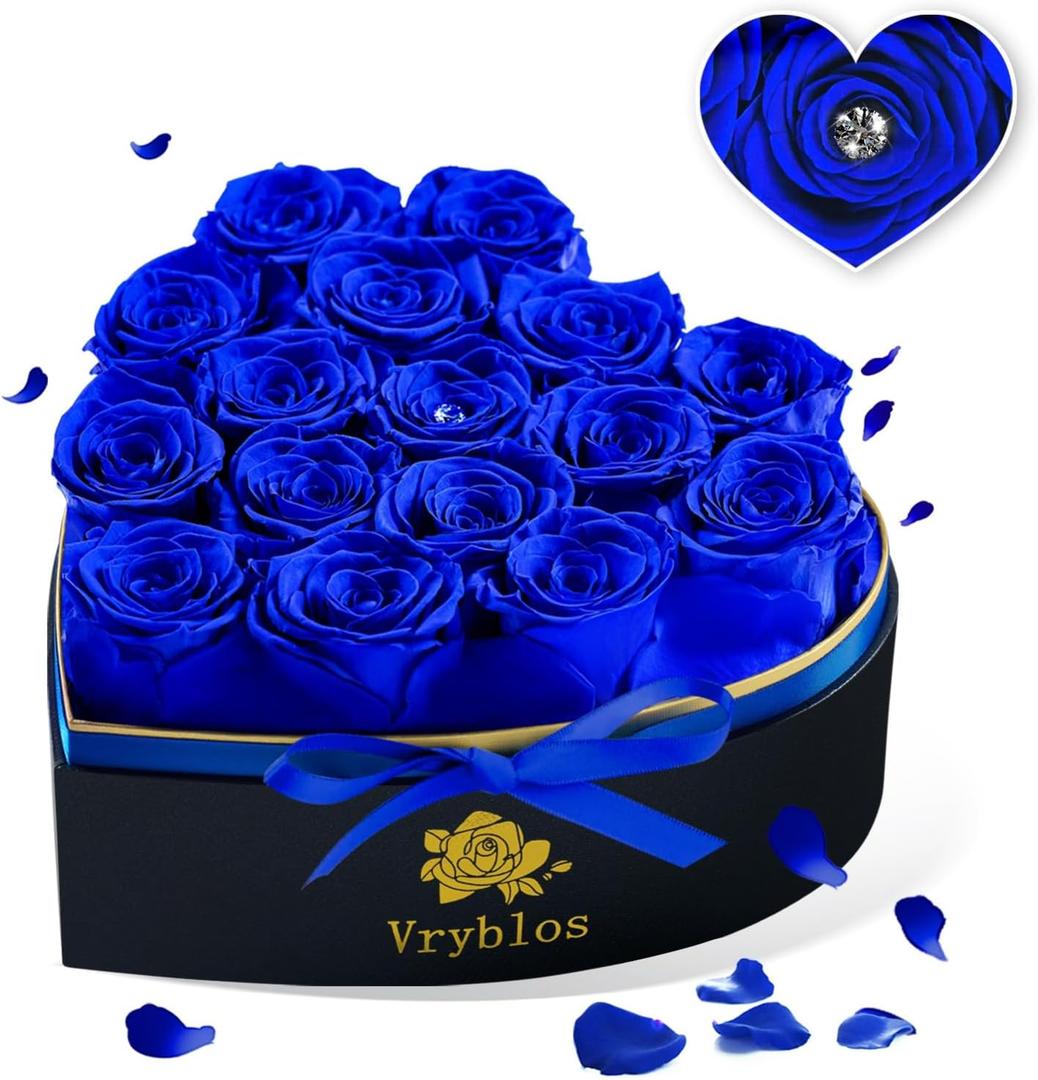 Forever Blue Roses in a Box Heart Shaped 16 Preserved Flowers for Delivery Grade A Quality 100% Real Immortal Flower Eternal Birthday for Her Mom Women Wife Girlfriends (Heart-Blue)