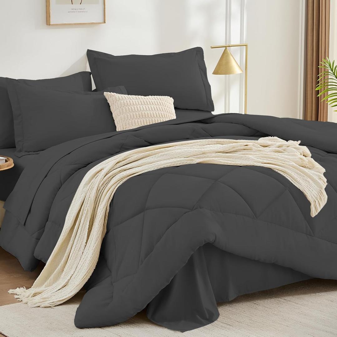 FUANNA 7 Pieces King Size Comforter Set, All Season Bed in a Bag King Size, Luxury Soft Bedding Sets with Comforter, Flat Sheet, Fitted Sheet, Pillowcases & Pillow Shams, Dark Grey