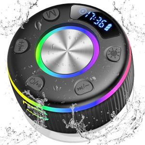 Bluetooth Shower Speaker, Portable Bluetooth 5.3 Speakers Wireless with Time Display, IP7 Waterproof Speakers with RGB Light, Suction Cup, Mini Stereo Speaker for Bathroom Party Travel Beach Outdoor (Jet Black)